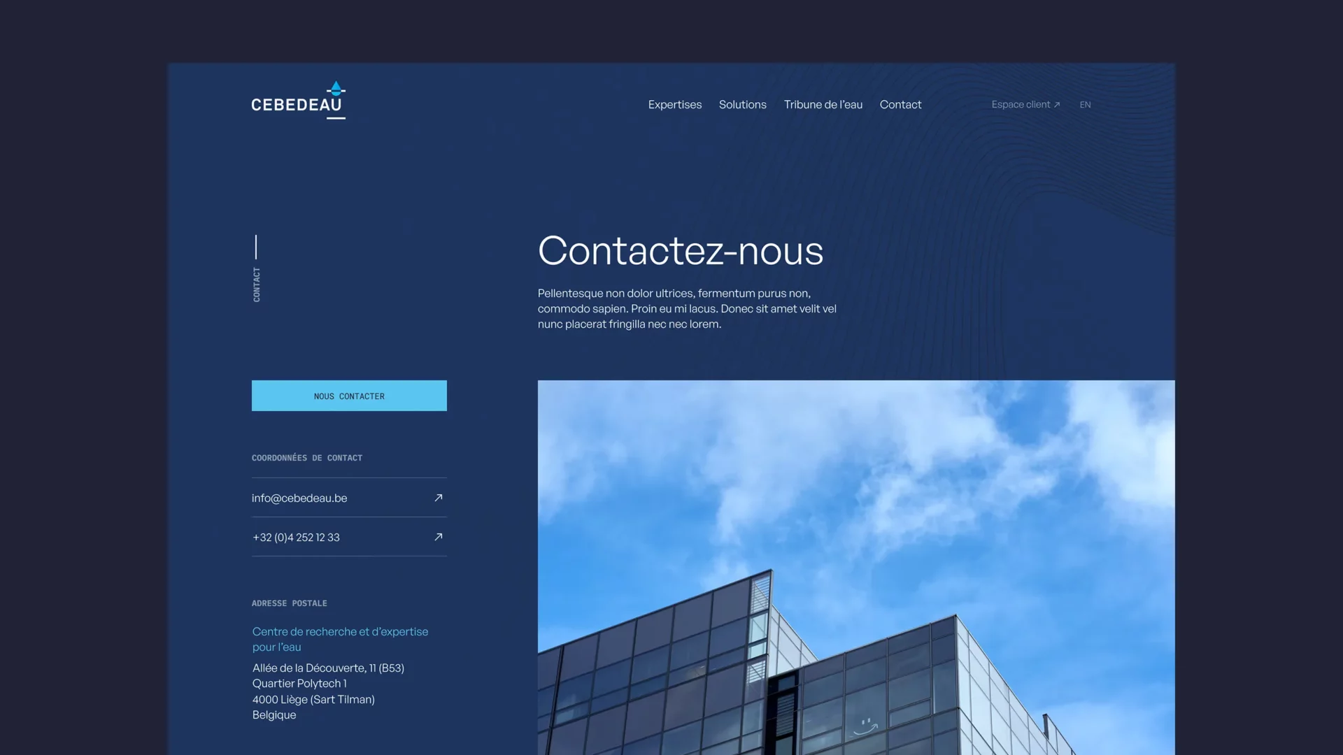 Cebedeau website's contact page sitting on a dark blue background